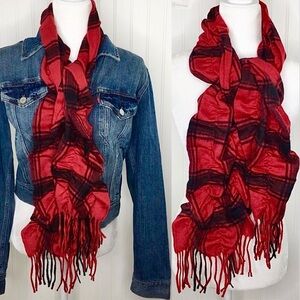 Talbots 100% Cashmere Scarf Plaid Check Tartan Ruched Ruffle Fringe Red Black